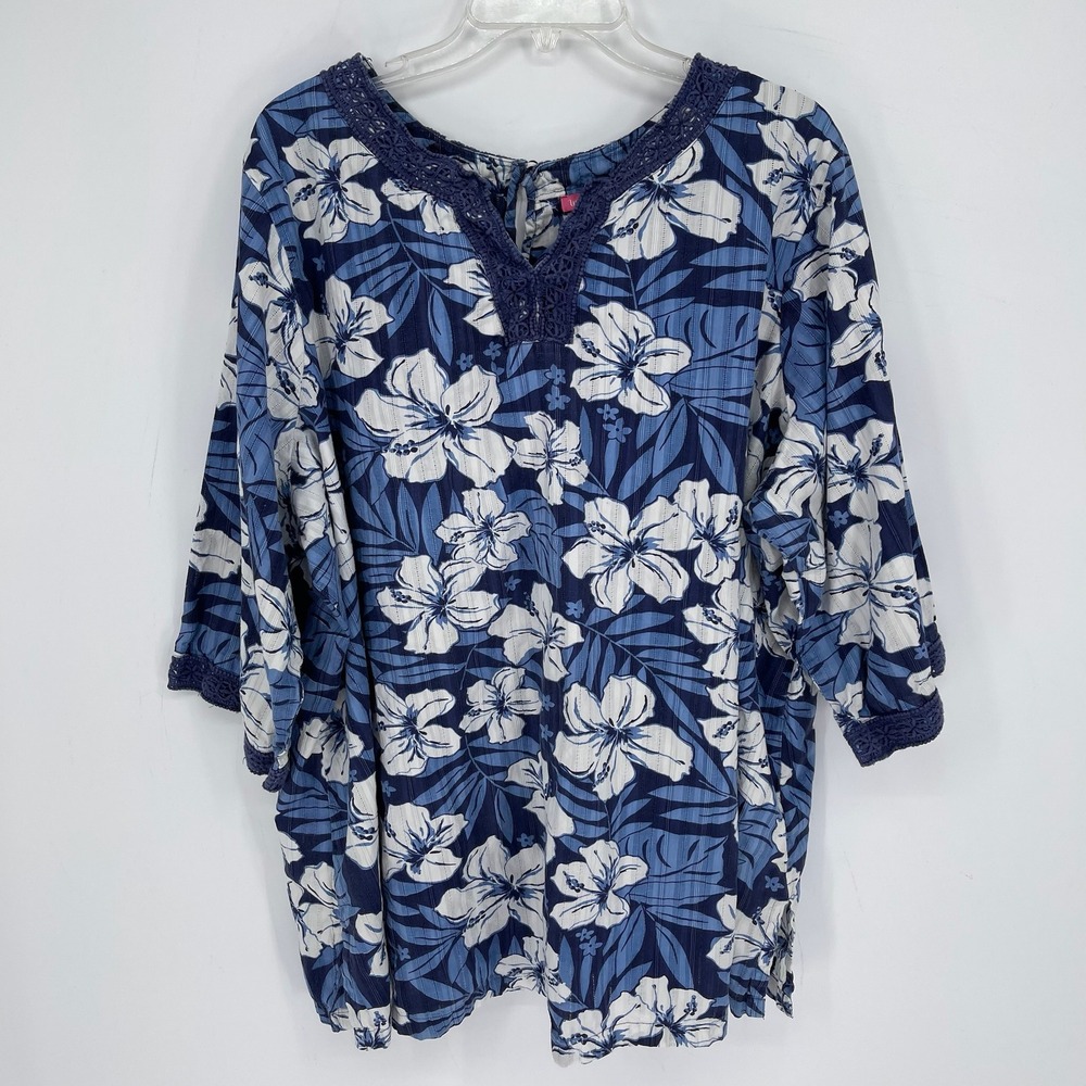 Woman Within Women's Blue Floralโ Crochet Trim 3/4 Sleeve Tunic Top Plus Size 2X